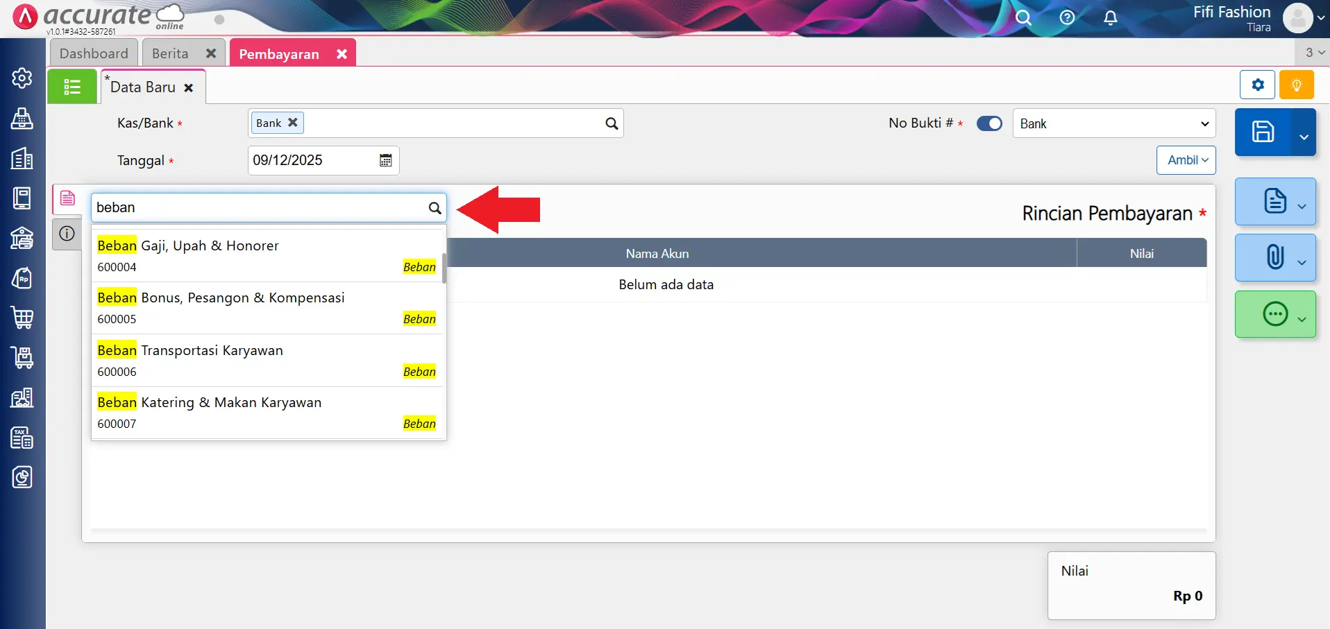 Mengubah departemen/proyek pada akun kosong